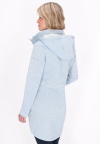 Šviesiai mėlynas gobtuvas purus paltas su tekstūruotu paviršiumi, priekinis užtrauktukas, prigludusi juosmens dalis ir šoninės kišenės, matomas iš nugaros.