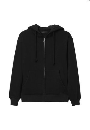 Schwarze Zip-Hoodie aus Baumwollmischung. Verfügt über eine Kapuze mit Kordelzug, frontale Taschen, gerippte Bündchen und eine glatte Textur.