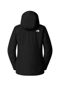 Giacca nera impermeabile con cappuccio vista da dietro, con maniche lunghe e logo The North Face sulla spalla destra.