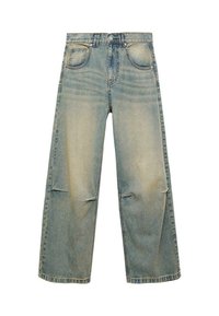 Jeans ampi di colore blu chiaro realizzati in denim, con vita alta, tasche frontali e un lavaggio scolorito con lievi segni di usura sulle gambe.