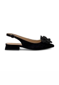 Chaussure à talon bloc bas en suède noir avec un bout pointu et une décoration florale en perles noires sur le devant.