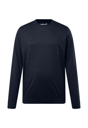Sweatshirt à manches longues bleu marine en tissu doux, avec un col rond, des poignets côtelés et un logo discret sur la poitrine.