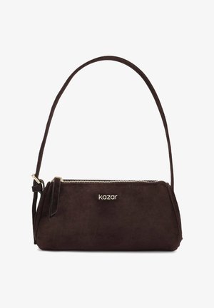 Temno rjava torbica iz semiša z enim zgornjim ročajem, zlatim zadrgo in logotipom "kazar" na sredini sprednje strani.