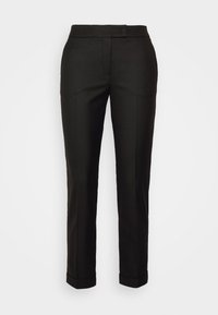 Black tailored trousers with a straight-leg design, smooth texture, and cuffed hems. Features a concealed front fastening.