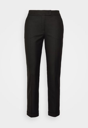 Black tailored trousers with a straight-leg design, smooth texture, and cuffed hems. Features a concealed front fastening.