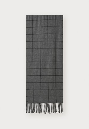 Gray checkered scarf made of soft fabric, featuring a grid pattern with fringed ends. The design contrasts dark and light shades.