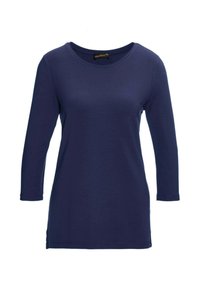 Navyblaues Langarmshirt aus glattem Stoff, mit rundem Ausschnitt und leicht lockerer Passform, seitlichen Schlitzen am Saum.