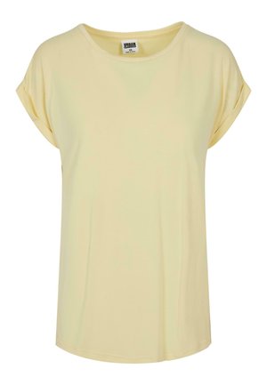 Svetlo rumena majica s kratkimi rokavi in okroglo ovratnikom, izdelana iz mehkega blaga, z zavitimi manšetami in sproščenim krojem.