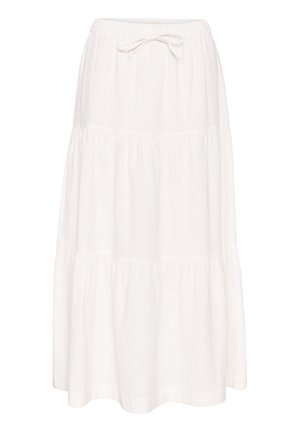 Gonna maxi bianca a strati realizzata in tessuto leggero. Presenta una vita elastica con cordoncino da annodare. Texture liscia, design semplice.