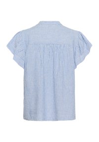 Bluza cu dungi albastre și albe, mâneci scurte cu volănașe, guler și detalii strânse în spate. Material ușor, croială lejeră.