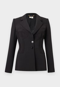 Μαύρο σακάκι με μακριά μανίκια, δύο μπροστινά κουμπιά, δομημένη λεπτομέρεια στο στήθος και γιακά με χαραγή.