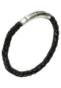 Braided black leather bracelet with a metallic clasp featuring a smooth, curved design and engraved text on the hardware accents.