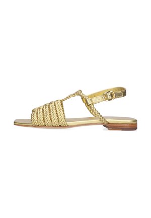 Sandalo piatto dorato con cinturini intrecciati sulla parte anteriore, un cinturino a T intrecciato e una fibbia regolabile alla caviglia su un tacco basso in legno.