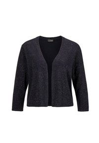 Dunkelblauer Cardigan mit V-Ausschnitt, offener Front, langen Ärmeln und einer subtilen Schimmertextur. Der Stoff hat ein weiches, leichtes Erscheinungsbild.