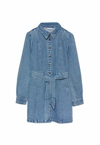 Denimmekko, jossa on kaulus, pitkät hihat, nappirivi edessä ja vyö. Ominaisuuksina vaaleansininen väri ja jämäkkä muotoilu sivusaumojen kanssa.