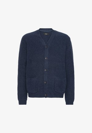 Cardigan en tricot côtelé bleu marine avec un col en V, cinq boutons noirs sur le devant et deux poches plaquées à l'avant.