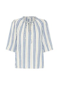 Blouse blanche à rayures verticales bleues, manches trois-quarts, et encolure ronde avec un détail noué à l'avant.