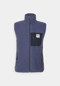 Blauer ärmelloser Fleece-Westen mit Frontreißverschluss und einer dunkelblauen, mit Reißverschluss versehenen Brusttasche, die ein kleines Logo-Patch aufweist.