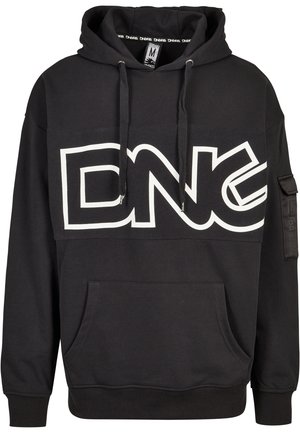 Schwarze Kapuzenjacke mit einem großen weißen "DNG"-Logo auf der Vorderseite, einer Kängurutasche, verstellbarem Kapuzenzug und strukturiertem Stoff.