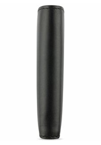 Étui cylindrique noir en cuir avec une surface texturée et un bord cousu, conçu pour maintenir les objets en sécurité.