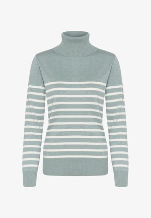 Sweter z golfem w paski w jasnym zielonym i białym kolorze. Żebrowana struktura, długie rękawy oraz dopasowany fason z kontrastującymi poziomymi paskami.