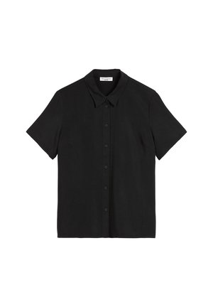 Chemise noire à manches courtes avec un col pointu, devant boutonné subtil et texture lisse. Design classique, style minimaliste.