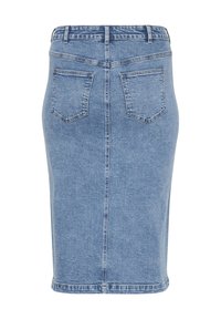 Svetlo modra denim krilna obleka z oprijetim krojem, do kolen, ki ima dve zadnji žepki in srednji šiv. Klasična zasnova s petimi žepi.