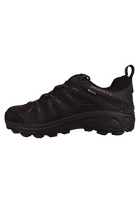 Chaussures de randonnée Merrell noires avec tige synthétique, détails texturés, capuchon de protection renforcé et semelle robuste multidirectionnelle pour une meilleure adhérence.