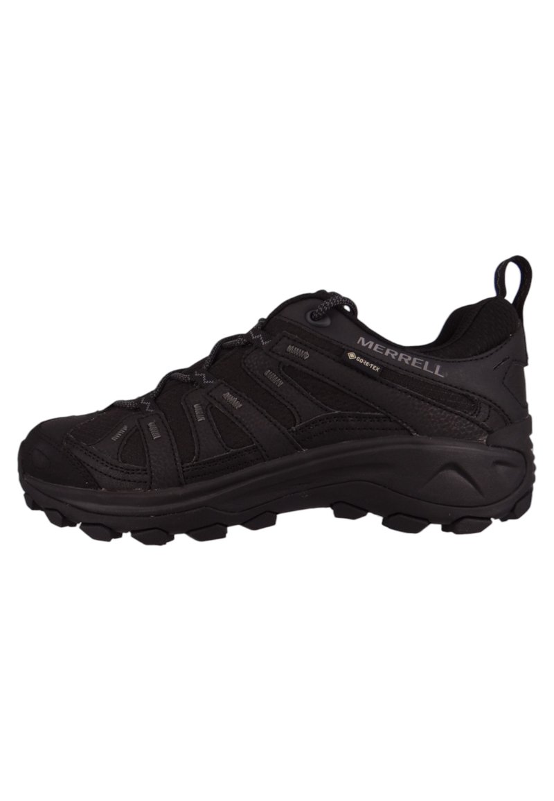 Chaussures de randonnée Merrell noires avec tige synthétique, détails texturés, capuchon de protection renforcé et semelle robuste multidirectionnelle pour une meilleure adhérence.