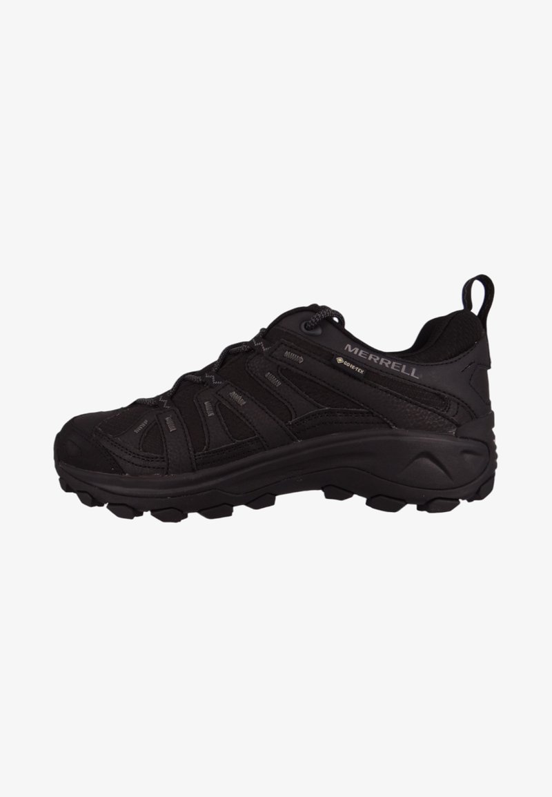 Czarne buty hikingowe Merrell z syntetyczną cholewką, teksturowymi detalami, wzmocnionym czubkiem oraz wytrzymałą, wielokierunkową podeszwą dla lepszej przyczepności.