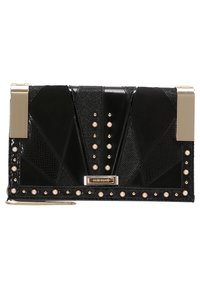 Pochette noire avec design géométrique, textures mélangées comprenant du cuir lisse et du cuir gaufré. Accentuée par des accessoires en or et des clous en perles.