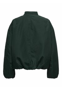 Groene, kortere bomberjack met een hoge kraag, raglanmouwen en elastische manchetten en zoom. Beschikt over een zijzak voor extra functionaliteit.