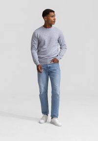 Lichtgrijze sweatshirt met ronde hals in een zachte textuur, gecombineerd met lichtblauwe denim jeans en witte sneakers; casual pasvorm met geribde manchetten.