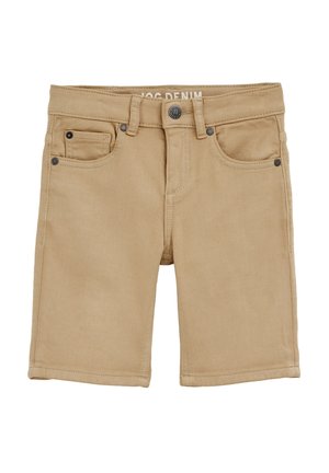 Beige denimshorts med forlommer, bæltestropper og knappelukning, lagt fladt mod en hvid baggrund.