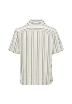 Chemise à manches courtes présentant une vue arrière avec des rayures verticales en vert clair, beige et gris. Fabriquée en tissu texturé avec un col.