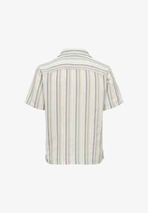 Chemise à manches courtes présentant une vue arrière avec des rayures verticales en vert clair, beige et gris. Fabriquée en tissu texturé avec un col.