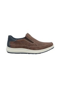 Braune Leder Slipper mit perforiertem Design, navyblauen Akzenten, gepolsterter weißer Sohle und strukturierten Details entlang der Nähte.