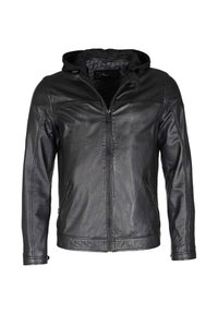 Schwarze Lederjacke mit durchgehendem Reißverschluss, Kapuze und zwei seitlichen Taschen. Sie hat eine glatte Textur und kontrastierende Nähte entlang der Säume.