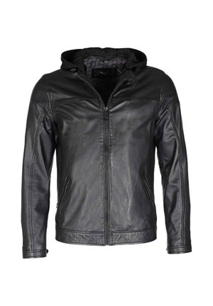 Schwarze Lederjacke mit durchgehendem Reißverschluss, Kapuze und zwei seitlichen Taschen. Sie hat eine glatte Textur und kontrastierende Nähte entlang der Säume.