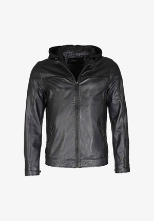 Schwarze Lederjacke mit durchgehendem Reißverschluss, Kapuze und zwei seitlichen Taschen. Sie hat eine glatte Textur und kontrastierende Nähte entlang der Säume.