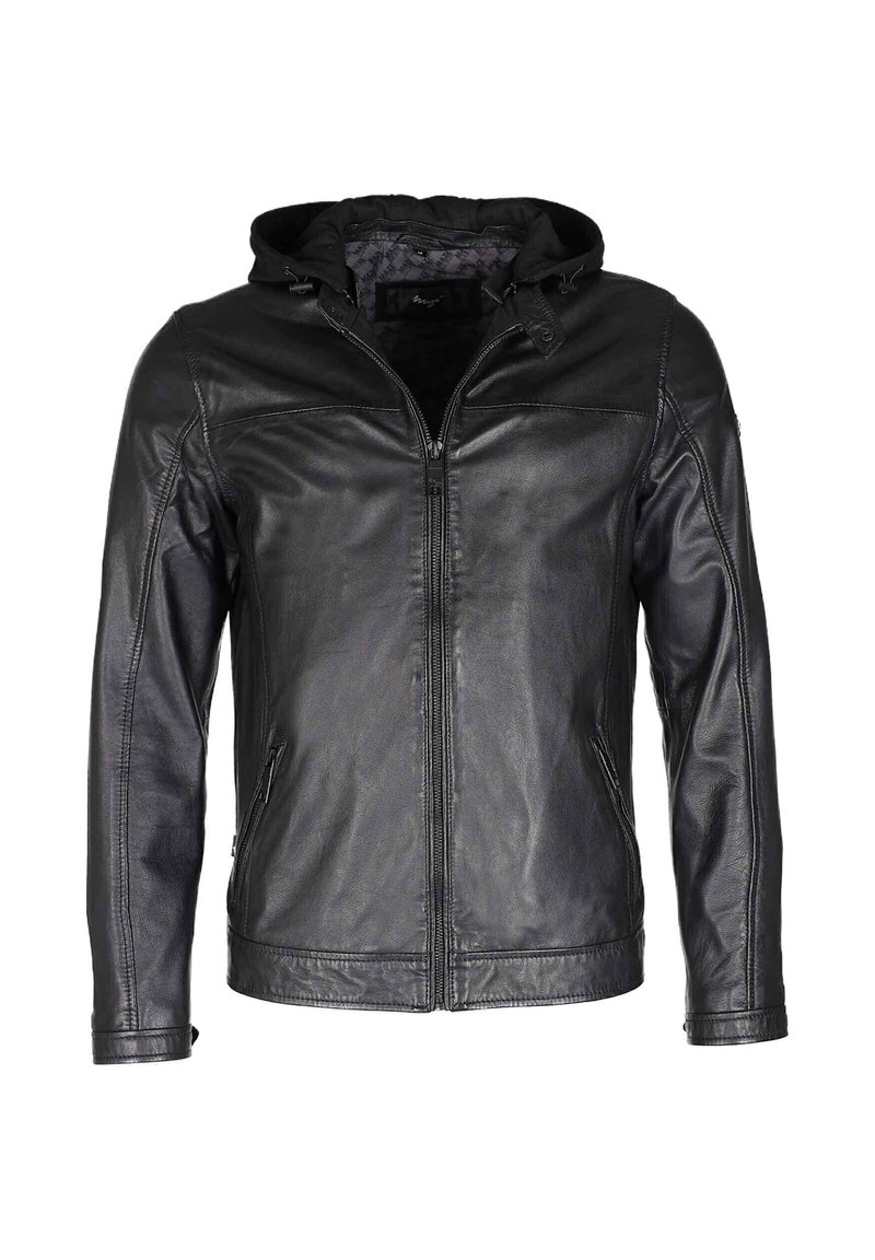 Schwarze Lederjacke mit durchgehendem Reißverschluss, Kapuze und zwei seitlichen Taschen. Sie hat eine glatte Textur und kontrastierende Nähte entlang der Säume.