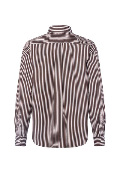 Chemise à manches longues à rayures verticales brunes et blanches, vue de dos sur fond blanc.