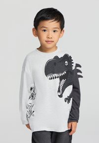 T-shirt a maniche lunghe di colore grigio chiaro con grafica di un dinosauro nera su un lato e manica nera, con vestibilità rilassata e texture morbida.