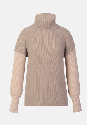 Beiger Pullover mit hohem Stehkragen, geripptem Muster, kurzen Ärmeln und kontrastierenden, langen Ärmeln in hellrosa. Weiches Strickmaterial.