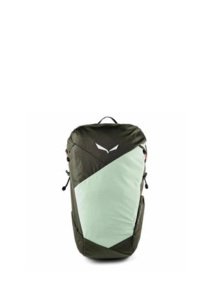 Sac à dos de randonnée vert foncé et menthe clair avec poignée supérieure, sangles de compression latérales et un logo blanc minimaliste sur le panneau avant.