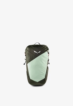 Sac à dos de randonnée vert foncé et menthe clair avec poignée supérieure, sangles de compression latérales et un logo blanc minimaliste sur le panneau avant.