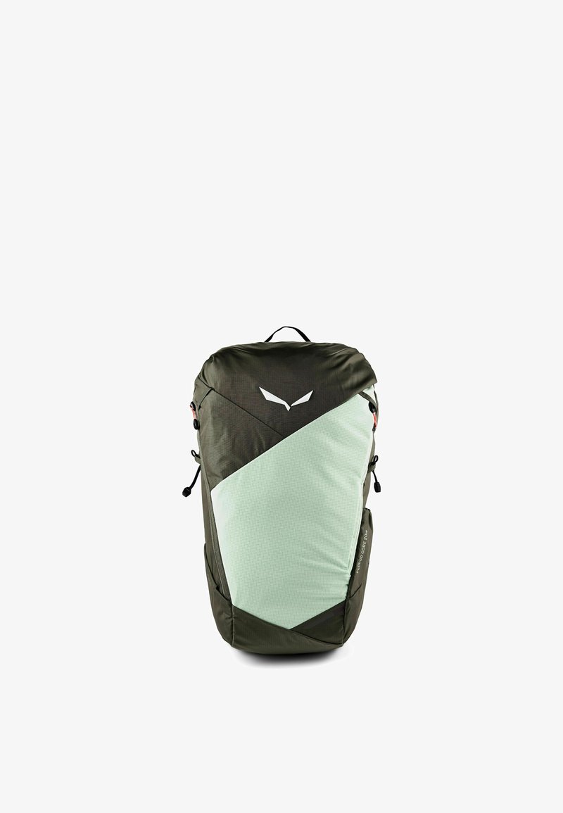 Wandelrugzak in donkergroen en licht mint met bovenhandgreep, zijkompressieriemen en een minimalistisch wit logo op het voorpaneel.
