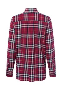 Red and black plaid button-up shirt with long sleeves, a classic collar, and a pleat detail on the back. Cotton fabric with a soft finish.