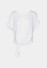 Top blanco de manga corta hecho de tela ligera, con un detalle de nudo en la parte delantera y puños enrollados, que crea un diseño de ajuste relajado.