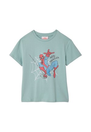 Hellblaues Kinder-T-Shirt mit Spider-Man, der an einem Netz schwingt, daneben der Schriftzug "WEB-SWINGER".